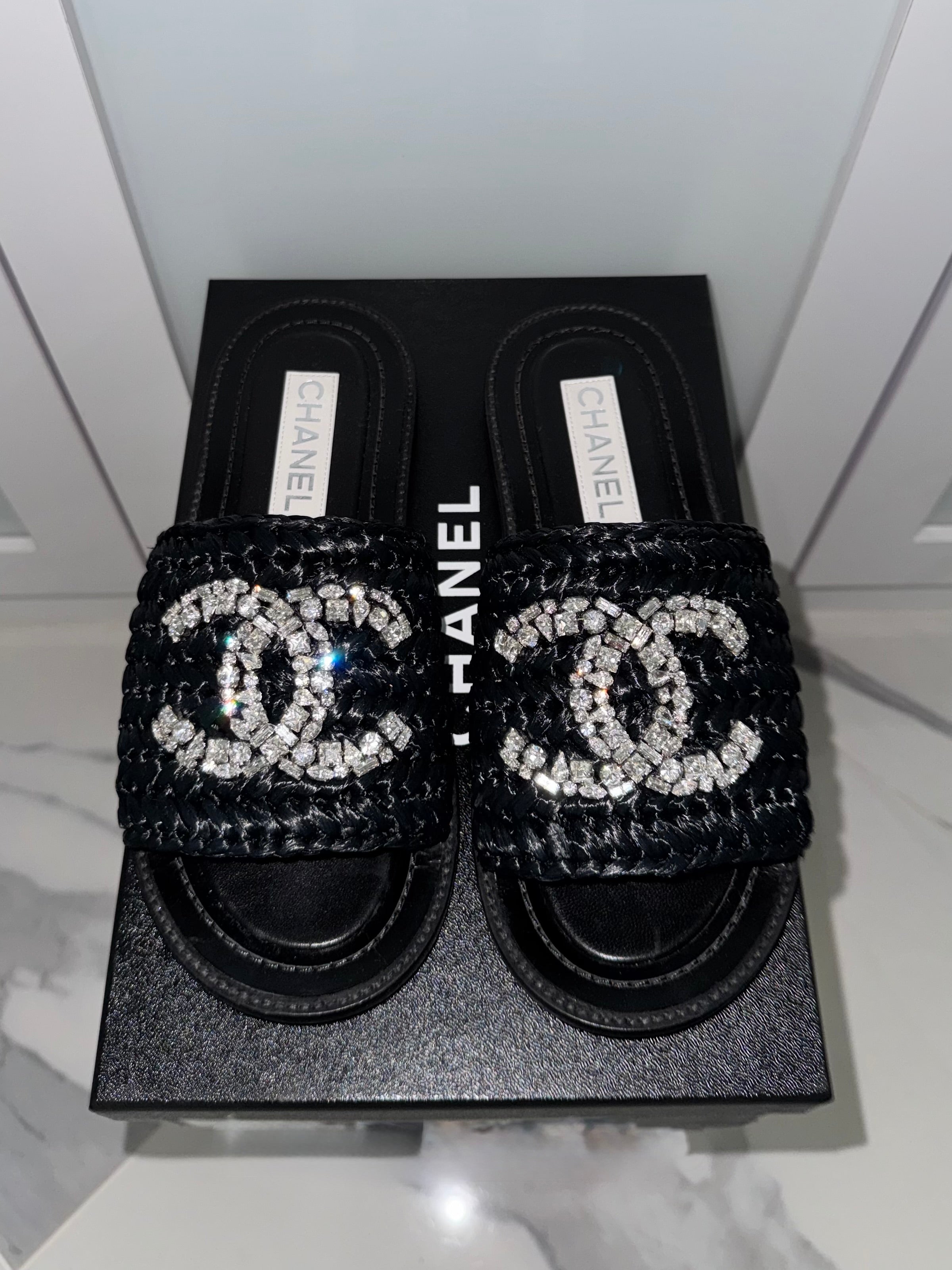Chanel Raffia Crystal Sandals ($1800)